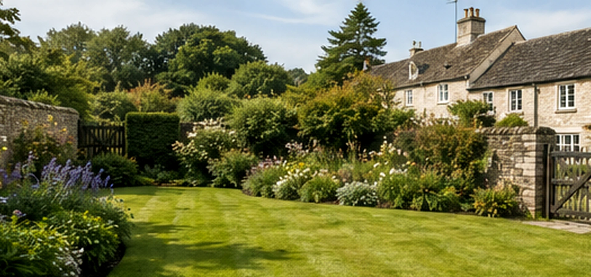Tidy English garden with lawn, stone wall and cottage-style planting