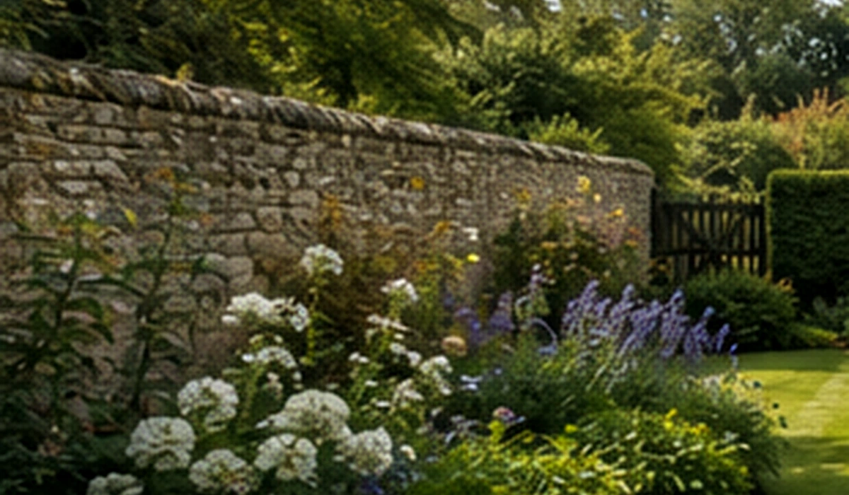 Local-style garden border beside a stone wall