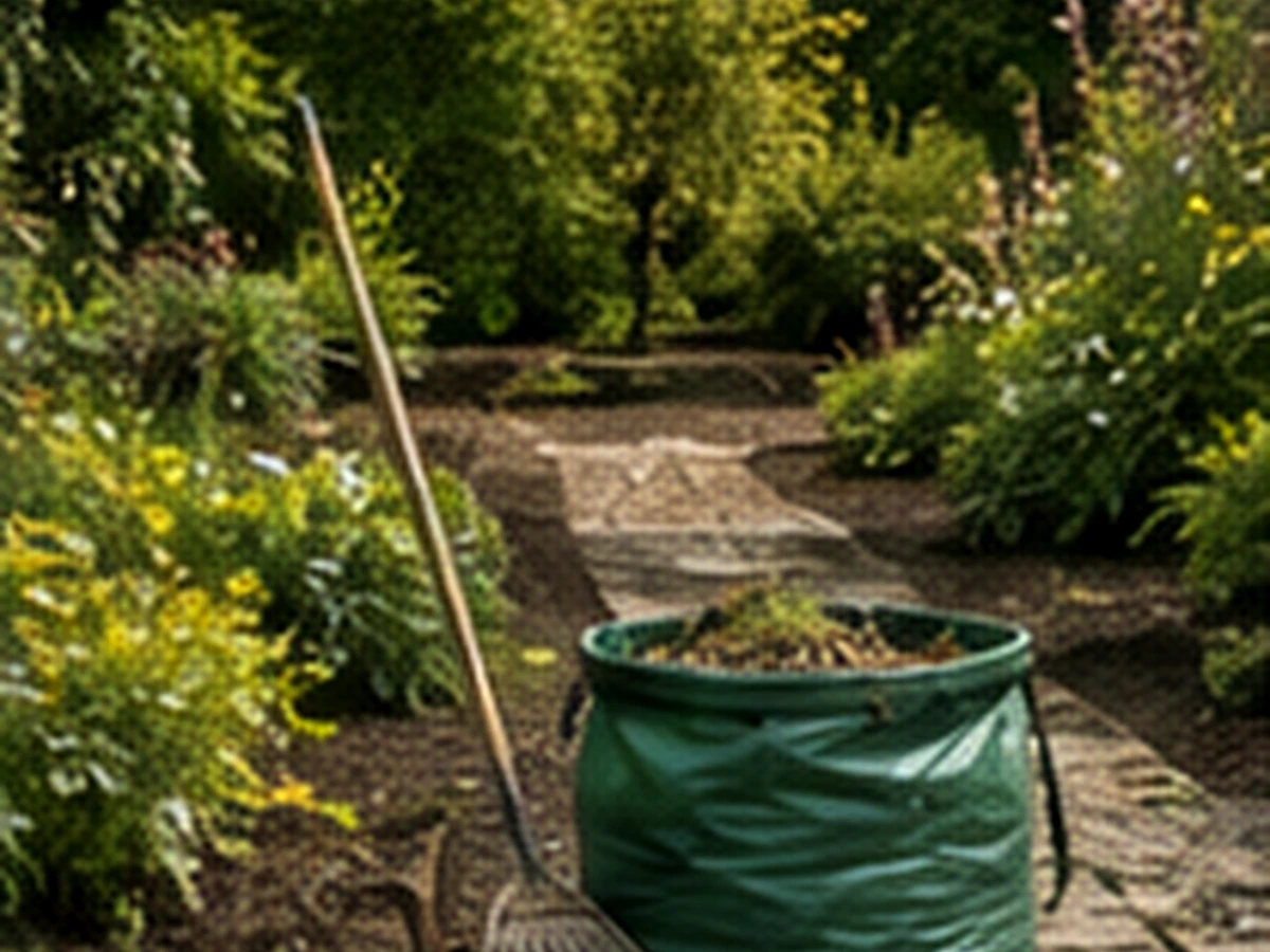 Tidy garden path with rake and green garden waste bag