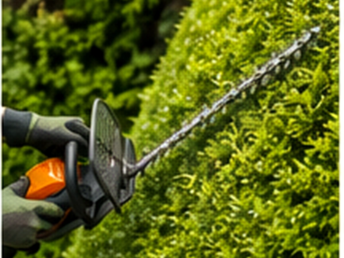 Domestic hedge being trimmed carefully with a hedge trimmer
