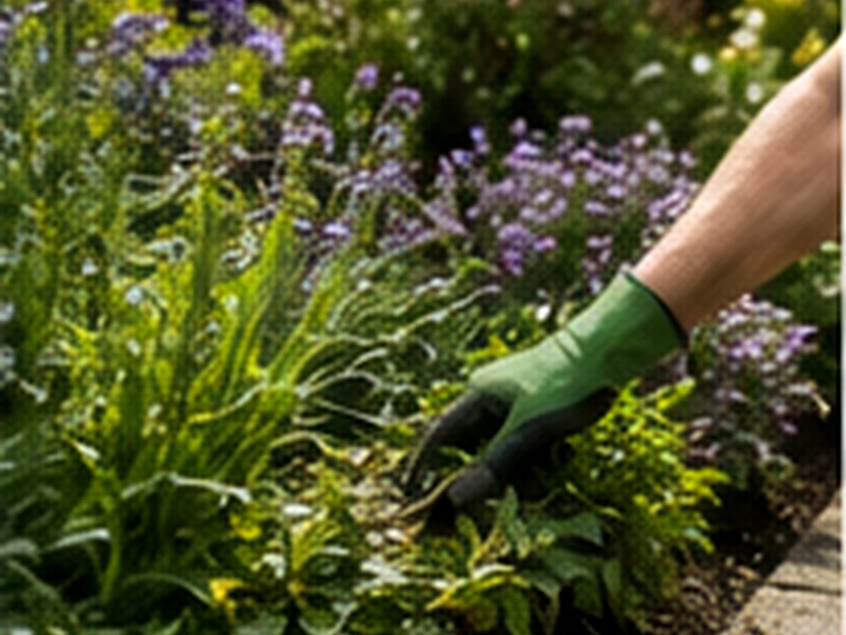 Gloved hand tidying plants in a garden border